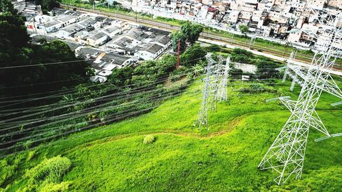 High angle view of buildings on field