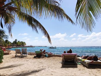 Lounge chairs and palm trees on beach against sky