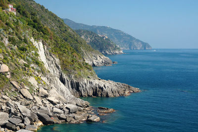 Scenic view of sea and mountains against clear sky