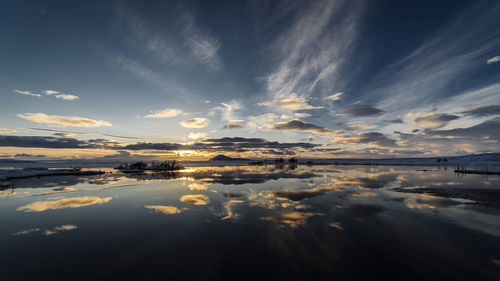 Reflection of clouds in water at sunset