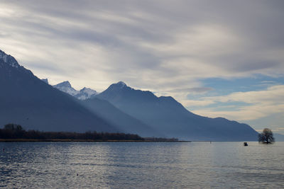 Scenic view of lake and mountains against sky