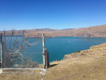 Scenic view of sea against clear blue sky