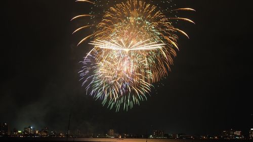 Low angle view of firework display at night