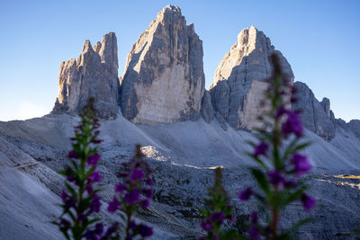 Scenic view of rocky mountains against clear sky