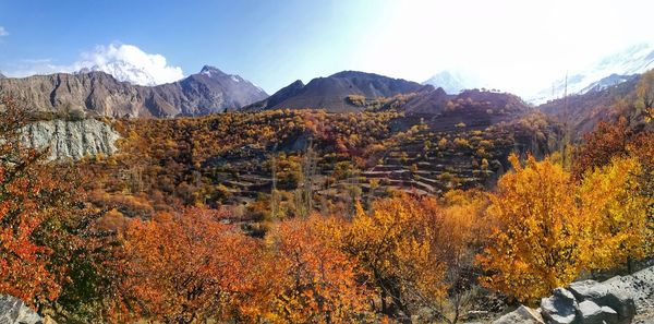 Scenic view of mountains against sky during autumn