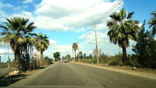 Road amidst palm trees against sky