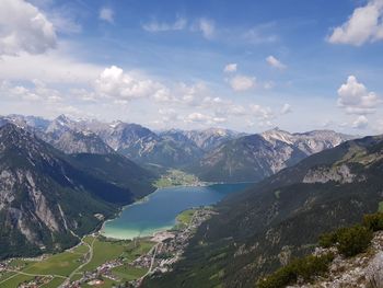 Scenic view of lake and mountains against sky