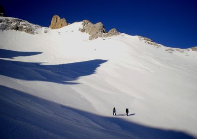 High angle view of people on snowcapped mountain