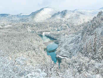 High angle view of snow covered land