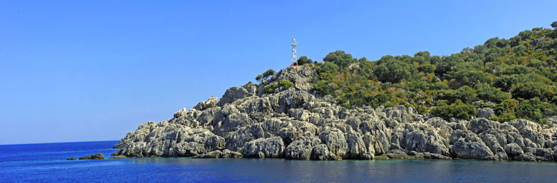 Panoramic view of sea against clear blue sky