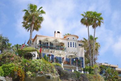 Low angle view of palm trees and buildings against sky