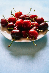 High angle view of fruits in bowl on table