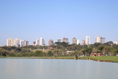 Scenic view of buildings against clear blue sky