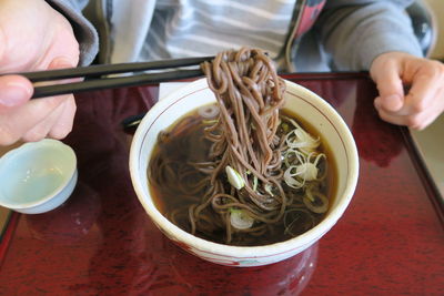 High angle view of person having food on table