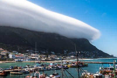 Sailboats moored in sea against sky