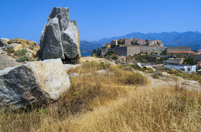 Low angle view of townscape against clear sky