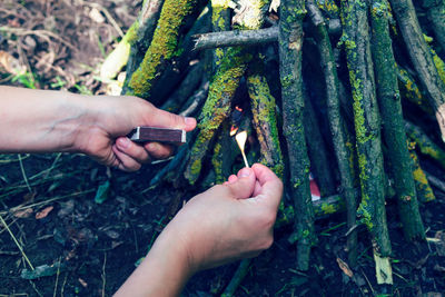 Setting fire to a picnic fire . burning matches in hands