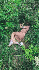 High angle view of woman lying on field