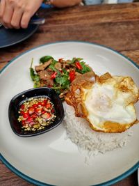 High angle view of food in plate on table