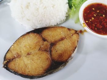 High angle view of food in plate on table