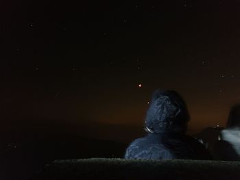 Rear view of statue against sky at night