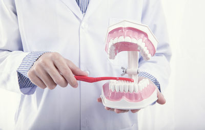 Midsection of dentist holding denture with toothbrush against white background