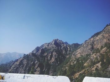 Scenic view of mountains against clear blue sky