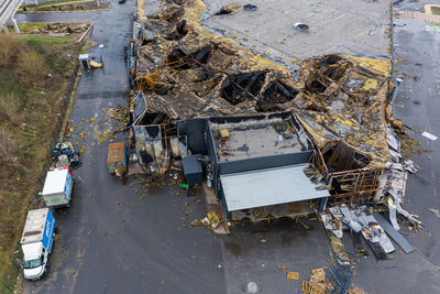 The aerial view of the destroyed supermarket roof. the supermarket was hit by rockets and mines.