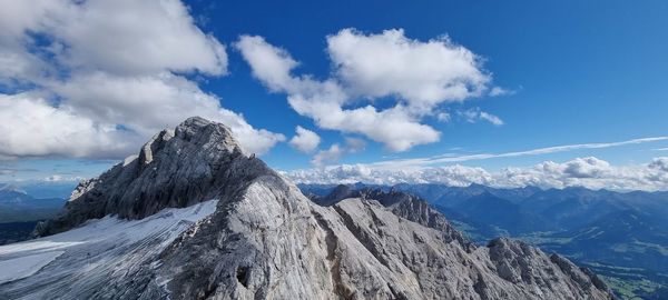 Panoramic view of snowcapped mountains against sky