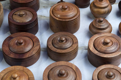 High angle view of wooden containers for sale in store