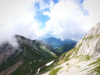 Scenic view of mountains against cloudy sky