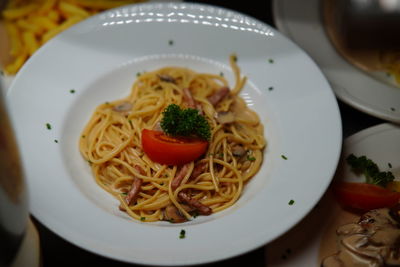 Close-up of noodles served in plate