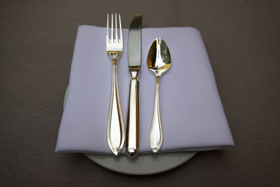 Close-up of fork with knife and spoon on napkin in plate