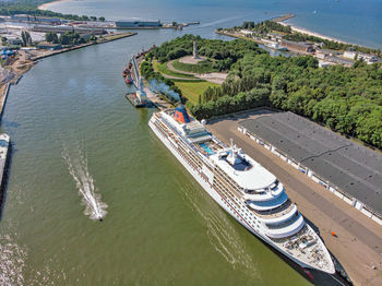 High angle view of boats in river