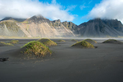 Icelandic landscape, view of vestrahorn mountain near the atlantic ocean. hofn, iceland