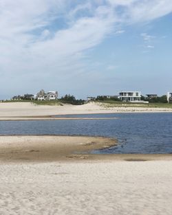 Scenic view of beach by sea against sky