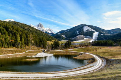 Scenic view of lake by mountains against sky