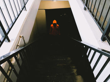 Rear view of man standing on staircase