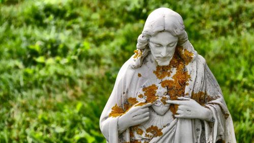 Close-up of angel statue against plants