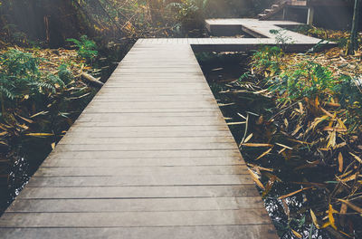 High angle view of wooden footbridge