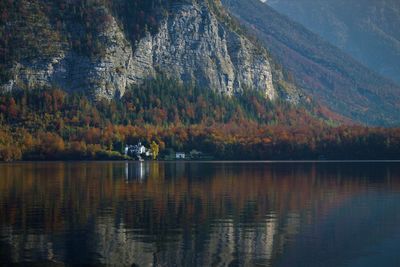 Scenic view of lake in forest during autumn