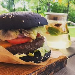 Close-up of burger on table