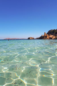 Scenic view of sea against clear blue sky