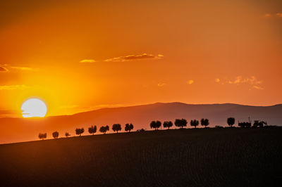 Scenic view of silhouette field against orange sky