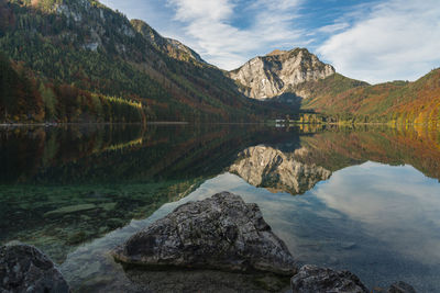 Scenic view of lake and mountains against sky