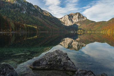 Scenic view of lake by mountains against sky