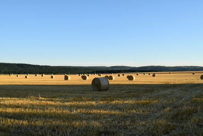 Hay bales on field against clear sky