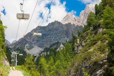 Panoramic view of overhead cable car amidst trees against sky