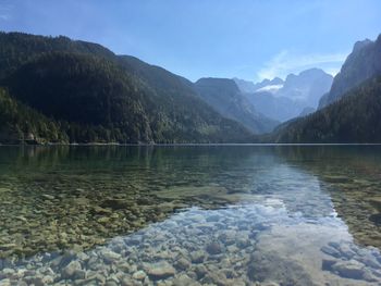 Scenic view of lake and mountains against sky