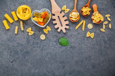 Directly above view of uncooked pasta on table